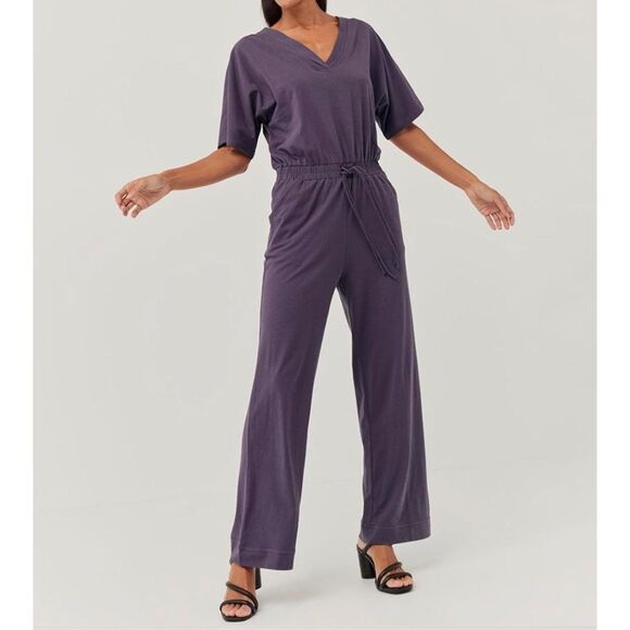 Pact Organic Cotton Revive Deep V Wide Leg Jumpsuit Currant‎ Purple Small - Picture 1 of 7